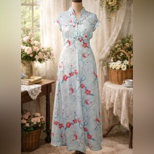 Vintage 1960s Asian Style Coral Cherry Blossom Novelty Print Blue Maxi Dress